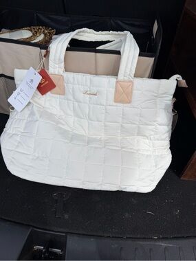 White Quilted Tote with Beige Trim
